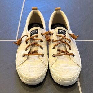 Sperry Womens Top Sider Sneaker Boat Shoes Cream Stripe with Tan Laces Sz 9